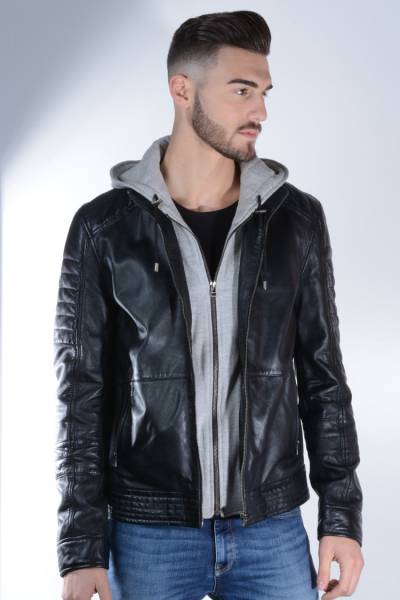 blouson cuir noir capuche homme